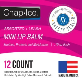 Chap-Ice | 12-Count Assorted Mini Lip Balm Pack & 1 Lip Balm Keychain with Swivel Clip | Made in USA | 4 Flavors - Cherry, Citrus Orange, Kiwi Lime, & Beeswax (0.10oz/3g Each)