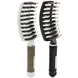 2 Pcs Boar Bristle Detangler Vent Brush Curved Vented Paddle Brush for Blow Drying, Anti-frizz Detangling Styling Hairbrush Comb for Curly Fine Straight Natural Tangled Hair, Wet or Dry Use