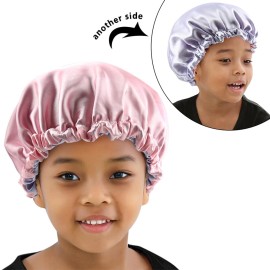 ELIHAIR Kids Satin Bonnet Sleeping Cap for Natural Hair Teens Toddler Child Baby Adjustable Satin Cap for Night Sleeping Reversible Double Layer Pink/Purple