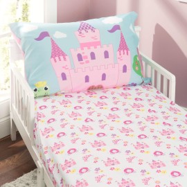 EVERYDAY KIDS 3-Piece Toddler Fitted Sheet, Flat Sheet and Pillowcase Set - Princess Storyland - Soft Breathable Microfiber Girls Toddler Bed Sheets Set