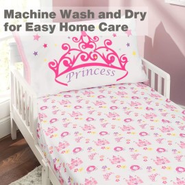 EVERYDAY KIDS 3-Piece Toddler Fitted Sheet, Flat Sheet and Pillowcase Set - Princess Storyland - Soft Breathable Microfiber Girls Toddler Bed Sheets Set