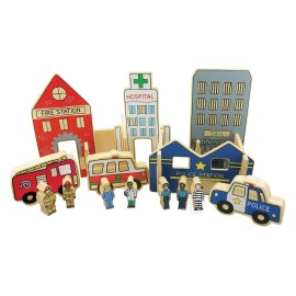 THE FRECKLED FROG Happy Architect - Emergency - Set of 20 - Ages 2+ - Wooden Blocks for Preschoolers and Elementary Aged Kids - Includes Workers, Vehicles and Buildings