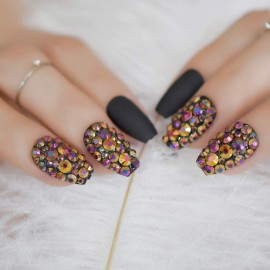 Frosted Coffin Nails Set Crystal Press On Nails Matte Black Medium False Nails Custom 24pcs Frosted Coffin Nails Set Crystal Press On Nails Matte Black Medium False Nails Custom 24pcs