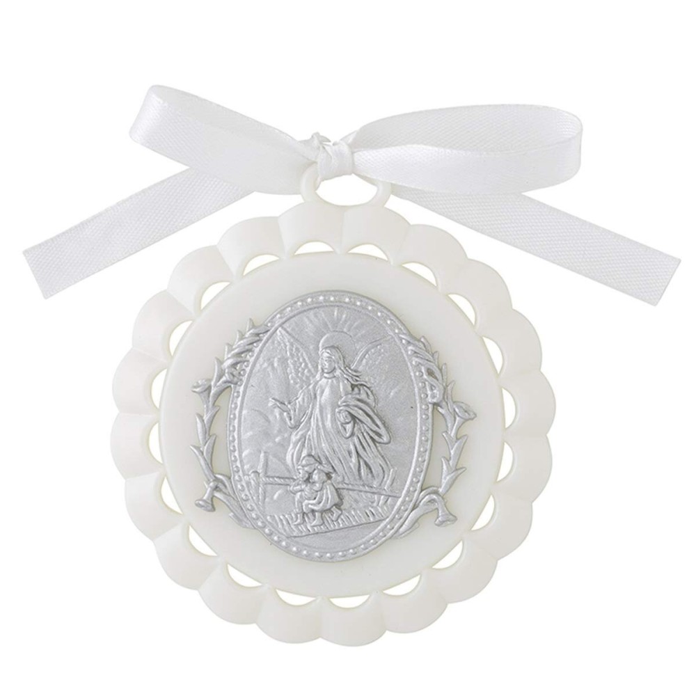 Moulded Crib Medal with Guardian Angel for Baby Nursery Room Decor, 3 1/4 Inch (White)