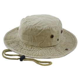 The Hat Depot 100% Cotton Stone-Washed Safari Wide Brim Foldable Double-Sided Outdoor Boonie Bucket Hat (S/M, 3. Pigment - Khaki)