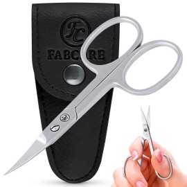 FABCARE curved nail scissors with pouch and e-book, innovative micro-serrations for fingernails, toenails, sharp cuticle trimming, professional stainless steel design, precise manicure grooming.