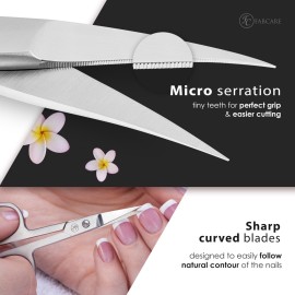 FABCARE curved nail scissors with pouch and e-book, innovative micro-serrations for fingernails, toenails, sharp cuticle trimming, professional stainless steel design, precise manicure grooming.