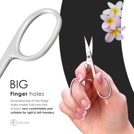 FABCARE curved nail scissors with pouch and e-book, innovative micro-serrations for fingernails, toenails, sharp cuticle trimming, professional stainless steel design, precise manicure grooming.