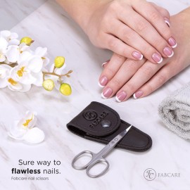 FABCARE curved nail scissors with pouch and e-book, innovative micro-serrations for fingernails, toenails, sharp cuticle trimming, professional stainless steel design, precise manicure grooming.