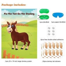 Hxezoc Pin The Tail On The Donkey Party Game with 30 Pcs Tails Large Donkey Games Poster for Kids Birthday Party Carnival Party Supplies