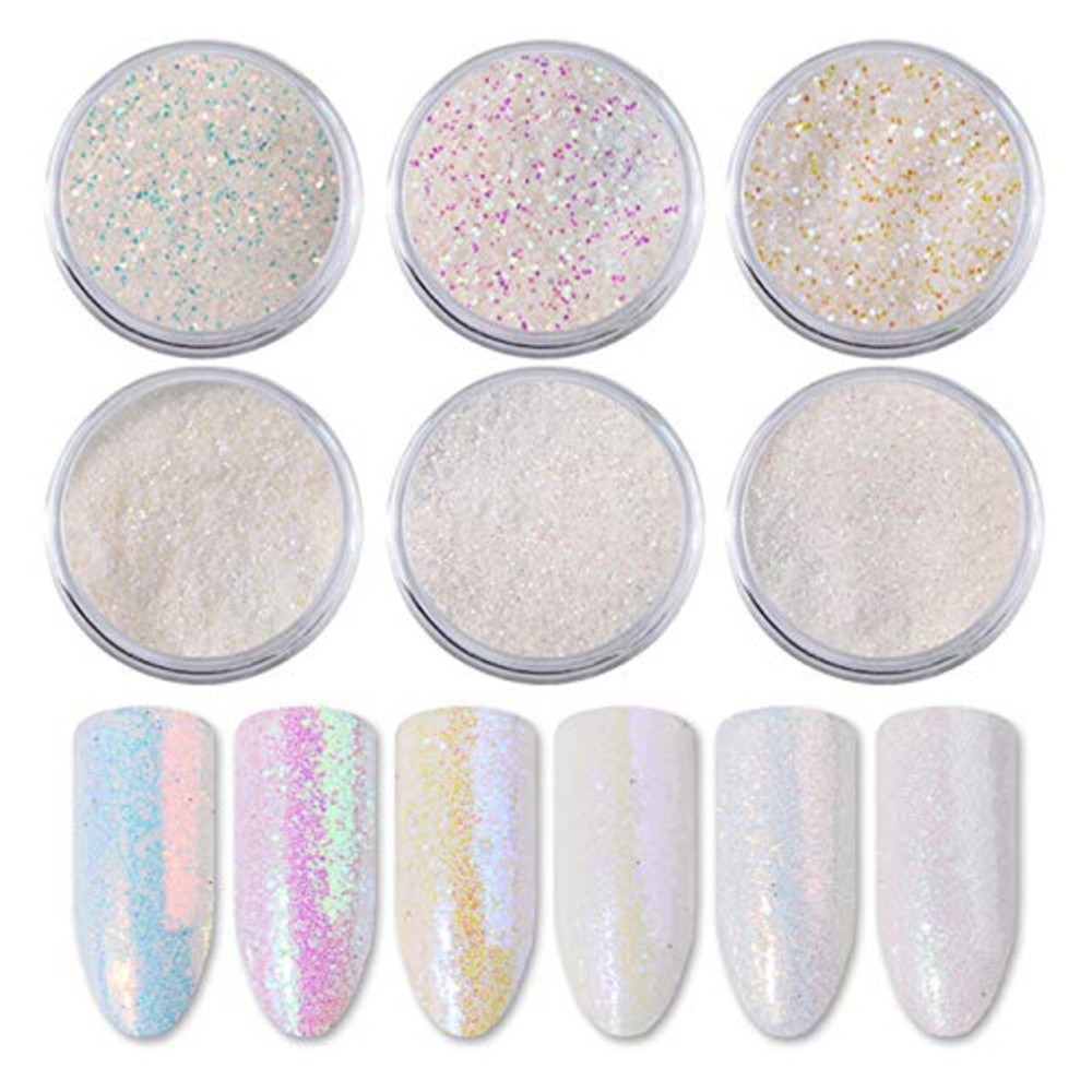 YesLady White Holographic Sequins 3D Nail Art Glitters Powder Manicure Decoration 6Pots