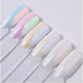YesLady White Holographic Sequins 3D Nail Art Glitters Powder Manicure Decoration 6Pots
