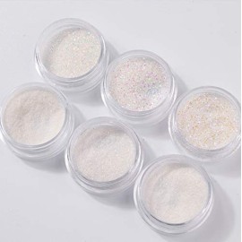YesLady White Holographic Sequins 3D Nail Art Glitters Powder Manicure Decoration 6Pots