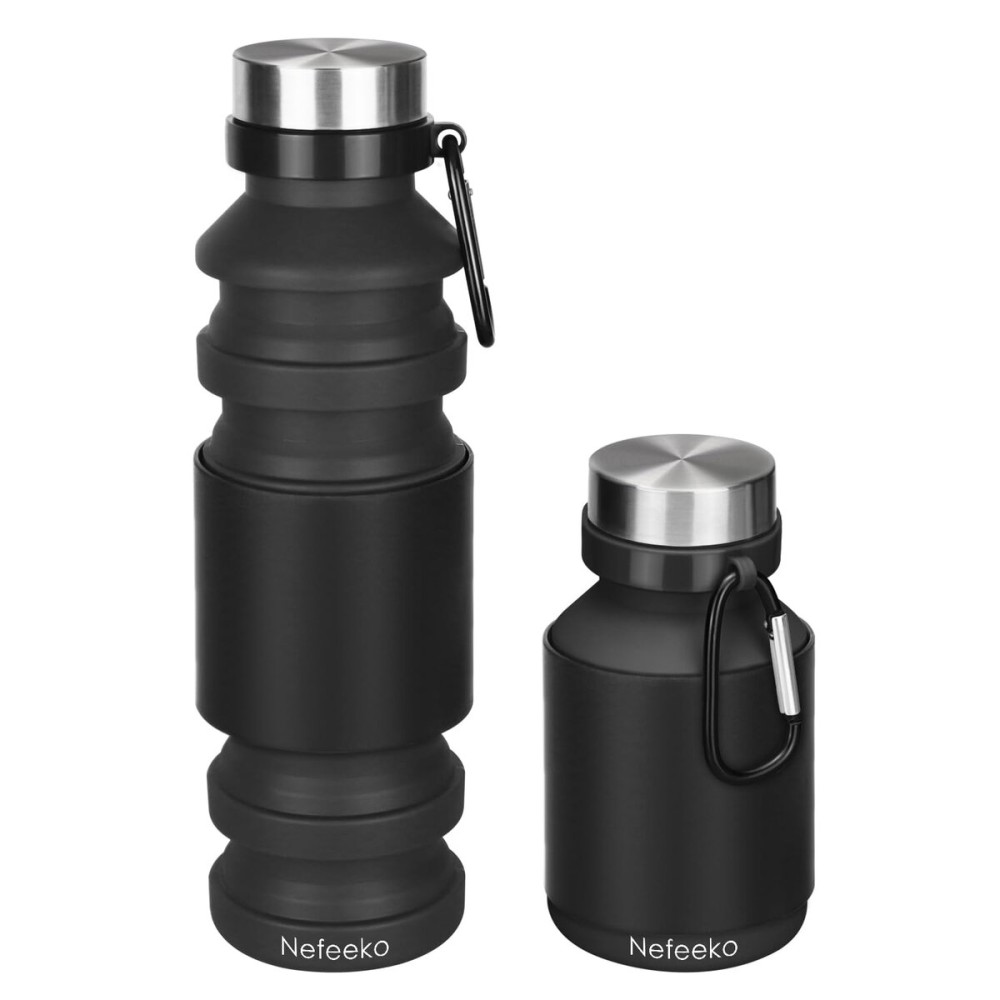 Nefeeko Collapsible Water Bottle, 18floz Reuseable BPA Free Silicone Foldable Bottles for Travel Gym Camping Hiking, Portable Leak Proof Sports Water Bottle with Carabiner