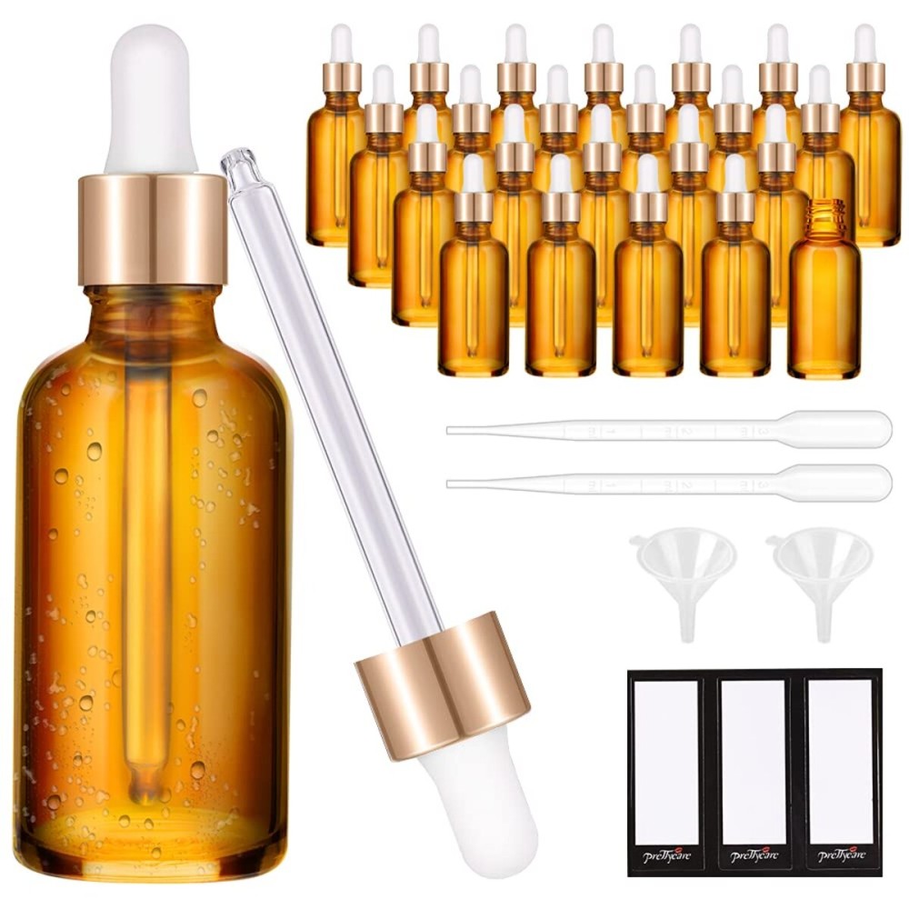PrettyCare 1oz Glass Eye Dropper Bottle Set of 24, Thick Amber Empty Bottles with Leakproof Golden Caps, Labels, Funnels - 30ml Refillable Dropper Bottle for Storage, Travel, Essential Oils, Tincture