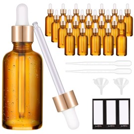 PrettyCare 1oz Glass Eye Dropper Bottle Set of 24, Thick Amber Empty Bottles with Leakproof Golden Caps, Labels, Funnels - 30ml Refillable Dropper Bottle for Storage, Travel, Essential Oils, Tincture