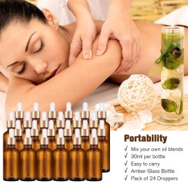 PrettyCare 1oz Glass Eye Dropper Bottle Set of 24, Thick Amber Empty Bottles with Leakproof Golden Caps, Labels, Funnels - 30ml Refillable Dropper Bottle for Storage, Travel, Essential Oils, Tincture