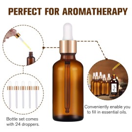 PrettyCare 1oz Glass Eye Dropper Bottle Set of 24, Thick Amber Empty Bottles with Leakproof Golden Caps, Labels, Funnels - 30ml Refillable Dropper Bottle for Storage, Travel, Essential Oils, Tincture