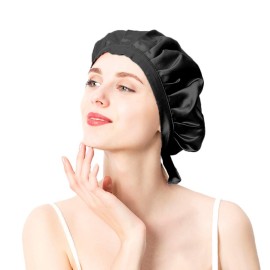 moonsix Women\'s Natural Silk Night Cap Satin Sleep Caps Elastic Head Cover Bonnet for Hair Care,Tape,Black