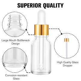 PrettyCare Glass Eye Dropper Bottles 24 Pack, 0.5oz (15ml) Clear Empty Thick Bottles Bulk with Leakproof Golden Caps - With Labels & Funnels for Storage, Travel, Essential Oils, Cuticle, Tinctures