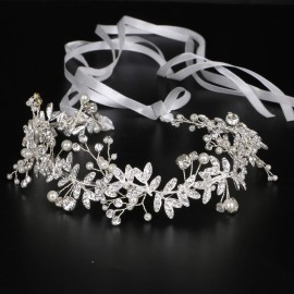 ROSEEDEN Woman Beaded Headpiece Crystal Wedding Vine Bridesmaid Headband with Ribbon Rhinestone Bridal Hair Accessories (Silver) ROSEEDEN Woman Beaded Headpiece Crystal Wedding Vine Bridesmaid Headband with Ribbon Rhinestone Bridal Hair Accessories (Silver)