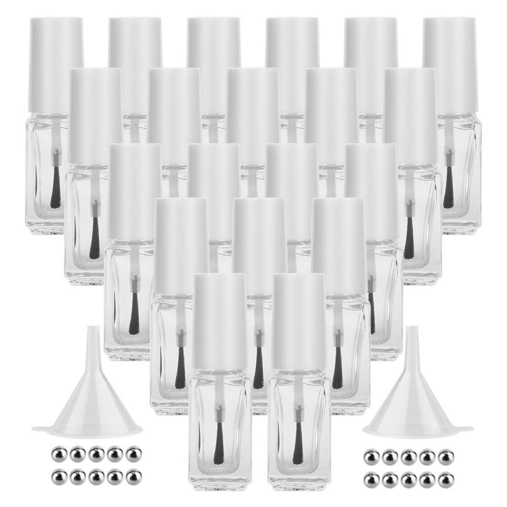 GTHER 20PCS 5ML Small Empty Nail Polish Glass Bottles with Brush Cap & Funnel & Mixing Balls for Nail Art Sample (White)