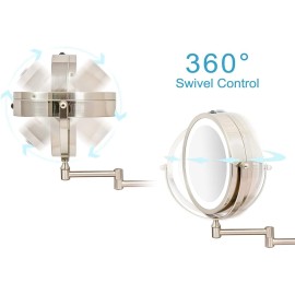 Rucci Wall Mount LED Lighted Mirror 10x/1x Magnification, 8.75 Satin Nickel Finish (NO TOUCH FEATURE)