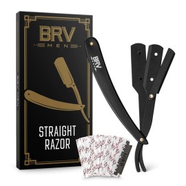BRV MEN Professional Straight Edge Barber Razor w/ 100 Single Edge Razor Blades | Straight Razors for Men | Barbershop Accessories | Mens Shaving Knife & Shavette - Black