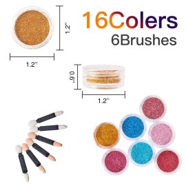 16 Colors Fine Glitter Holographic Nail Glitter Sequins Cosmetic Festival Powder with 6 Small Brushes for Arts and Craft Eyeshadow, Makeup, Nail Body Face