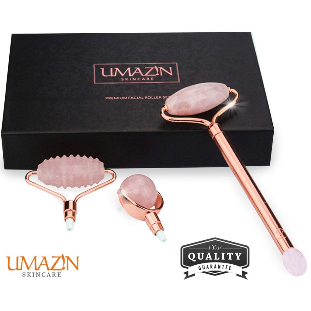UMAZIN Metal Facial Jade Roller Set - All Natural 100% Authentic Jade Rose Quartz Stone - 3in1 Acupuncture Face Roller for Wrinkles Antiaging Firming Skin - Jade Roller for Face Forehead Neck Body