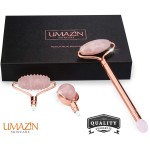 UMAZIN Metal Facial Jade Roller Set - All Natural 100% Authentic Jade Rose Quartz Stone - 3in1 Acupuncture Face Roller for Wrinkles Antiaging Firming Skin - Jade Roller for Face Forehead Neck Body