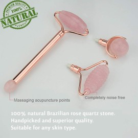 UMAZIN Metal Facial Jade Roller Set - All Natural 100% Authentic Jade Rose Quartz Stone - 3in1 Acupuncture Face Roller for Wrinkles Antiaging Firming Skin - Jade Roller for Face Forehead Neck Body