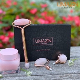 UMAZIN Metal Facial Jade Roller Set - All Natural 100% Authentic Jade Rose Quartz Stone - 3in1 Acupuncture Face Roller for Wrinkles Antiaging Firming Skin - Jade Roller for Face Forehead Neck Body