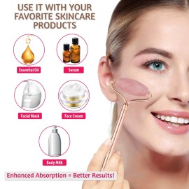 UMAZIN Metal Facial Jade Roller Set - All Natural 100% Authentic Jade Rose Quartz Stone - 3in1 Acupuncture Face Roller for Wrinkles Antiaging Firming Skin - Jade Roller for Face Forehead Neck Body