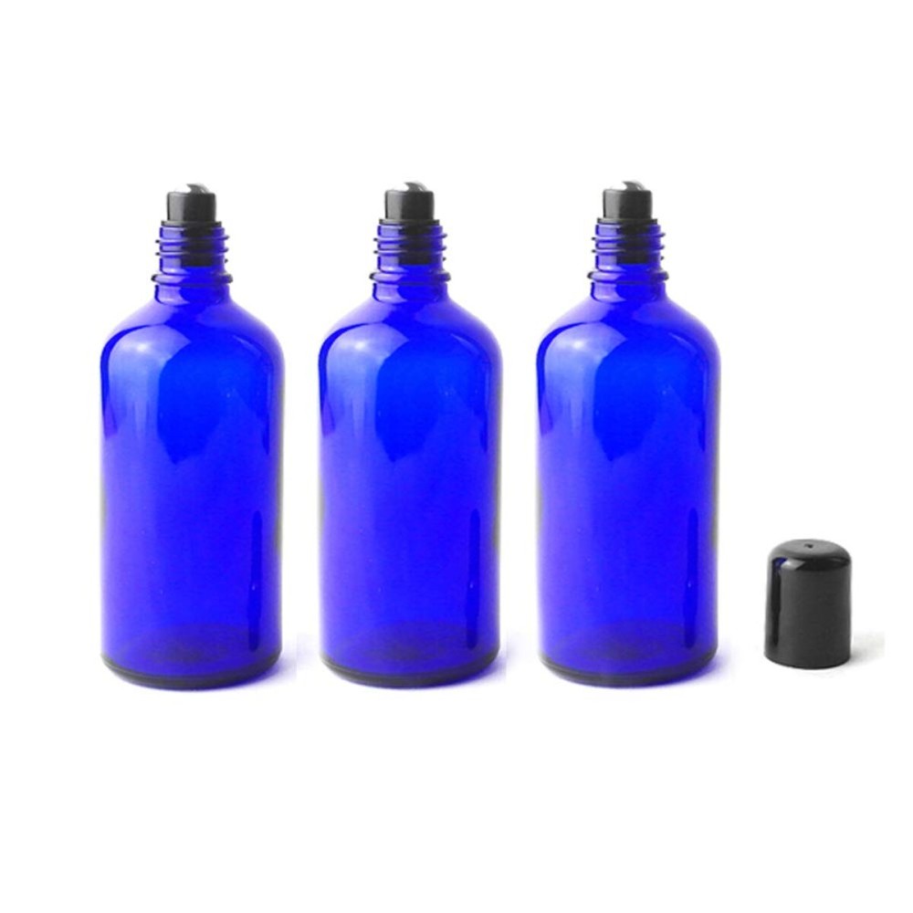3PCS 100ml 3.4oz Empty Refillable Cobalt Blue Glass Roll-on Bottle Essential Oil Roller Bottles with Stainless Steel Roller Balls and Black Cap Perfumes Lip Balms Attar Container