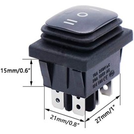 Twidec/2Pcs Waterproof Rocker Toggle Switch 16A 250V 20A 125V AC 6 Pins 3 Position ON/Off/ON DPST Boat Or Car Black KCD4-203N-BK-W