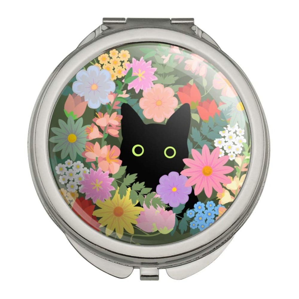 Black Cat Hiding in Spring Flowers Compact Travel Purse Handbag Makeup Mirror