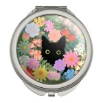 Black Cat Hiding in Spring Flowers Compact Travel Purse Handbag Makeup Mirror