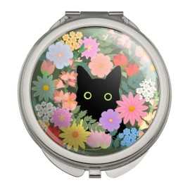 Black Cat Hiding in Spring Flowers Compact Travel Purse Handbag Makeup Mirror