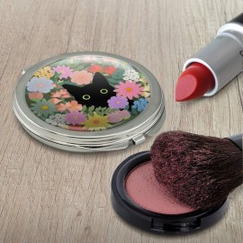Black Cat Hiding in Spring Flowers Compact Travel Purse Handbag Makeup Mirror