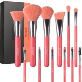 Docolor Makeup Brushes 10Pcs Makeup Brush Set Premium Synthetic Powder Foundation Contour Blush Concealer Eye Shadow Blending Liner Make Up Brush Kit - Neon Peach