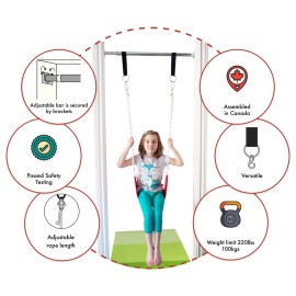 DreamGYM Doorway Swing Set - Indoor Swing for Kids with Red Classic Rope Swing