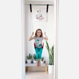 DreamGYM Doorway Swing Set - Indoor Swing for Kids with Red Classic Rope Swing