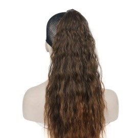 Wiginway 24 Inch Long Wave Ponytail Extension Magic Paste Heat Resistant Wavy Synthetic Wrap Around Ponytail Ombre Brown Hairpiece for Women (Ombre Brown)