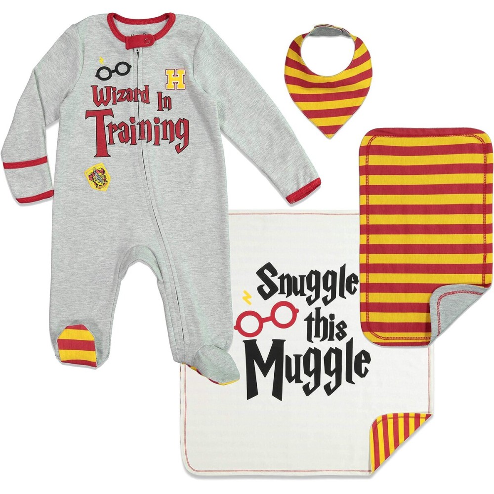 Harry Potter Newborn Baby Boy or Girl Zip Up Sleep N\' Play, Bib, Blanket and Burp Cloth 4 Piece Outfit Set 0-6 Months