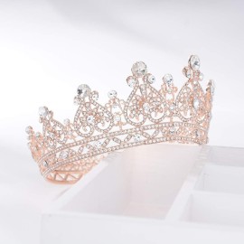 S SNUOY Rose Gold Crowns for Women Full Round Crystal Queen Tiaras and Crowns Pageant Party Costume Headbands Bridal Crowns for Wedding