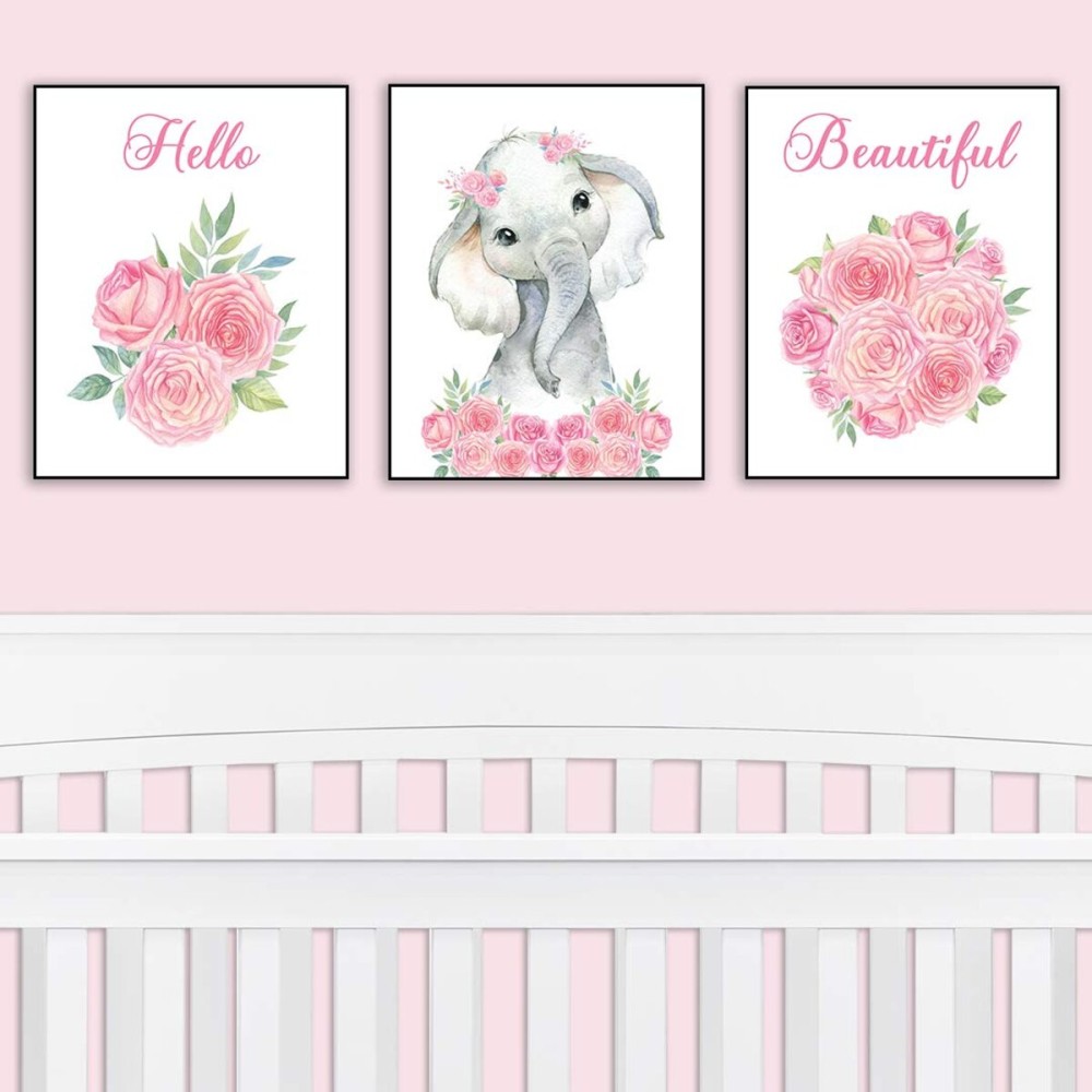 Nursery Decor - Safari Elephant Bedroom Wall Art Decor for Nursery | Decorative & Easy to Frame Printed Pictures 8x10-inch | 3 - (UNFRAMED) Prints | Sweet Elephant Baby Girl Nursery or Girl\'s Bedroom