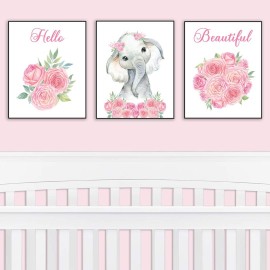 Nursery Decor - Safari Elephant Bedroom Wall Art Decor for Nursery | Decorative & Easy to Frame Printed Pictures 8x10-inch | 3 - (UNFRAMED) Prints | Sweet Elephant Baby Girl Nursery or Girl\'s Bedroom