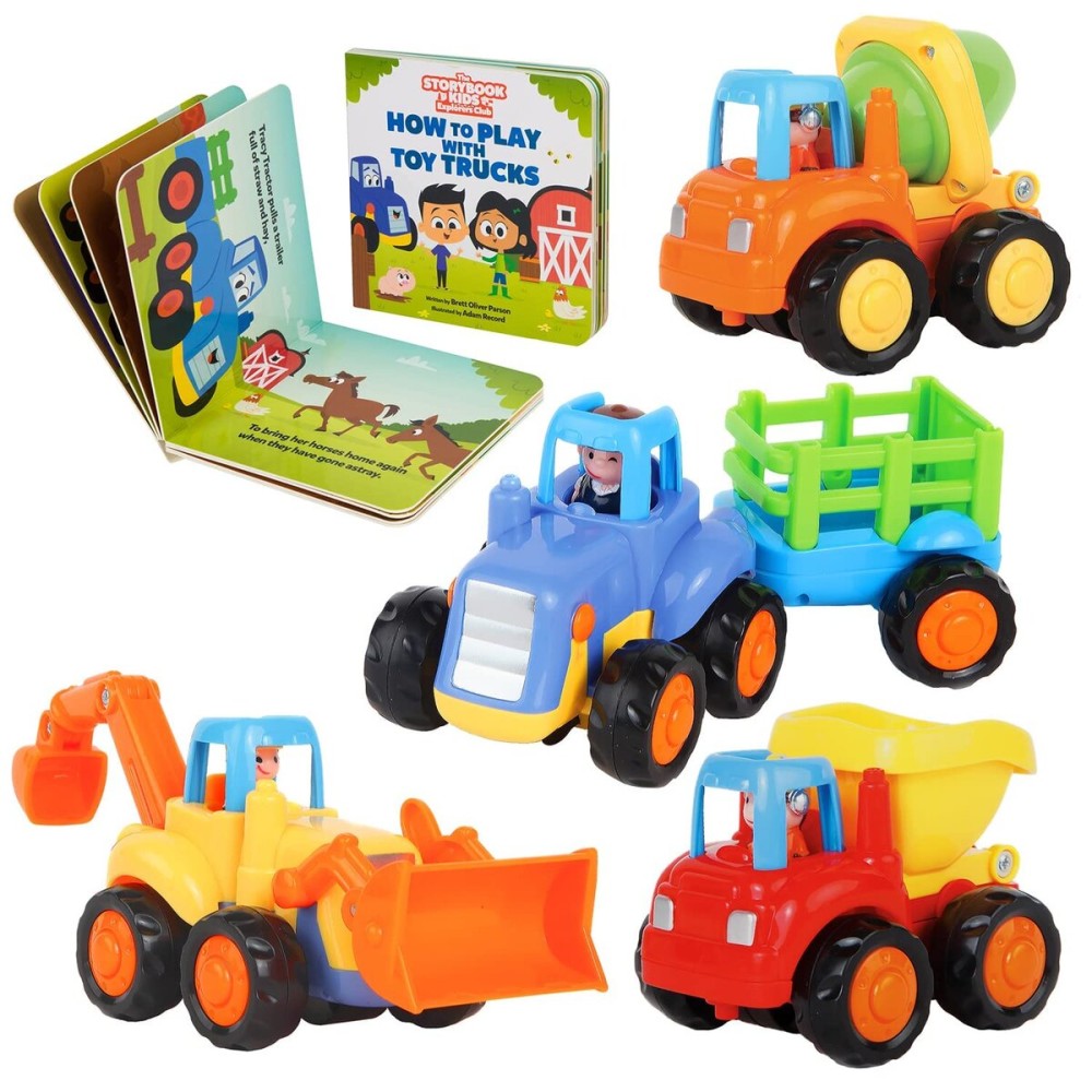 Construction Toy Truck Set for Toddlers Ages 1-4 - Push & Pull Friction Trucks, Matching Book - BPA Free Cars for Boys & Girls