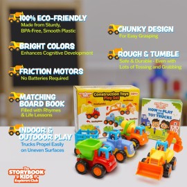 Construction Toy Truck Set for Toddlers Ages 1-4 - Push & Pull Friction Trucks, Matching Book - BPA Free Cars for Boys & Girls